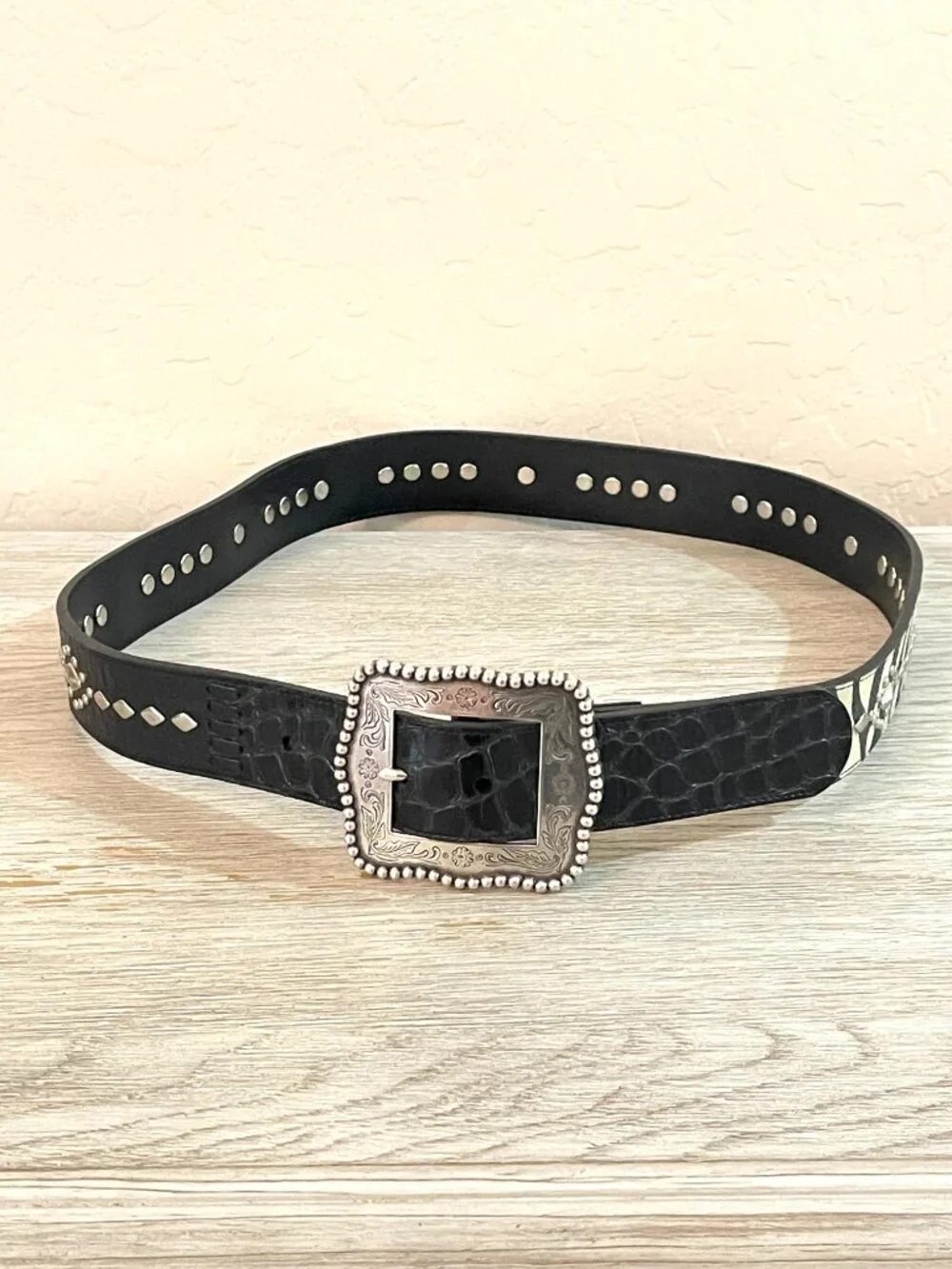 Vintage Ariat Belt Black Leather Zebra Stripe Stud Silver Buckle 2007 Size 38